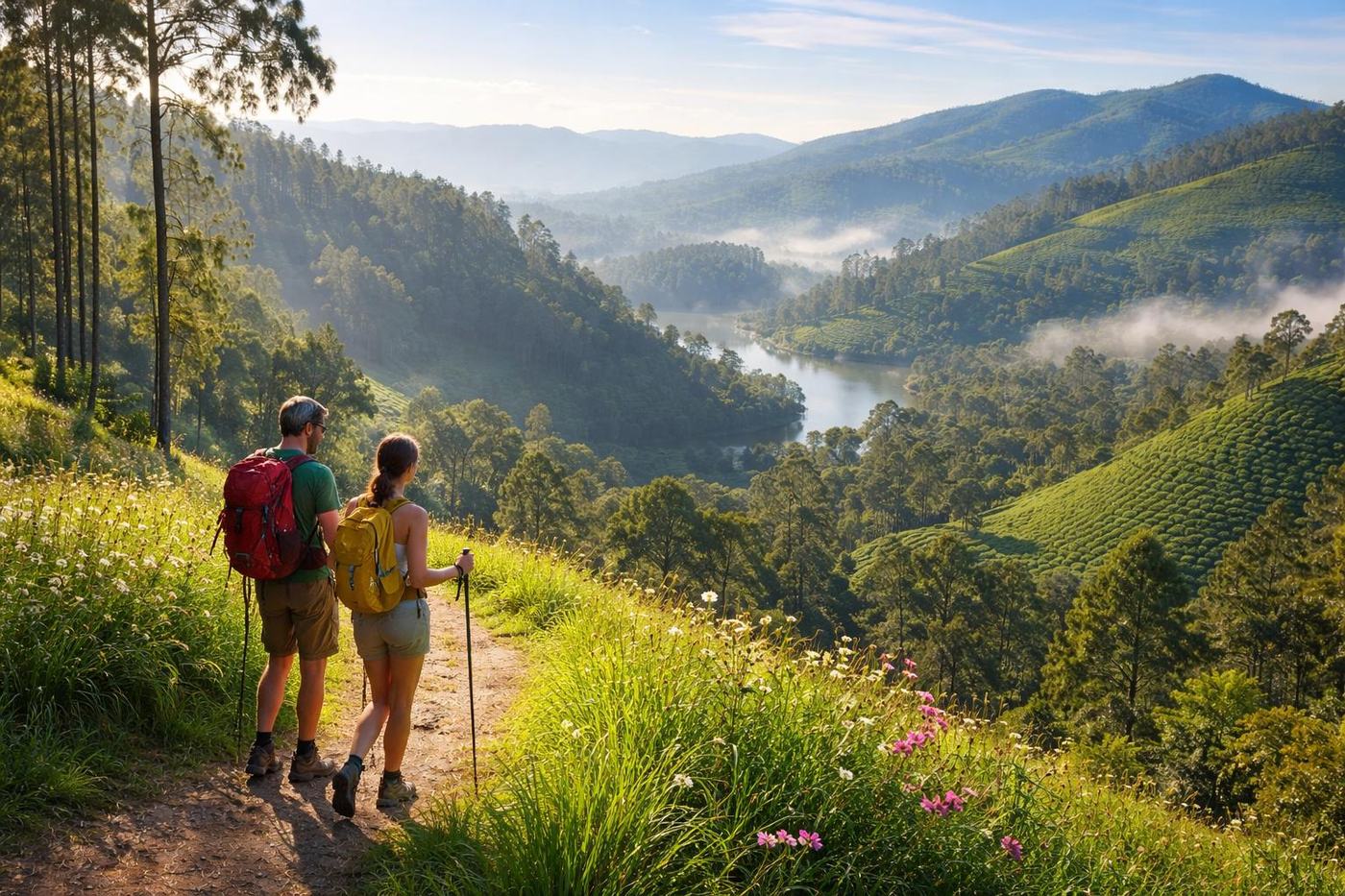 A couple with trekking poles pausing on a trail to look over misty, forested hills and a winding lake