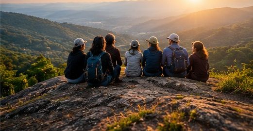 A group of friends in caps and backpacks sitting together on a rock, watching the sun rise over green hills